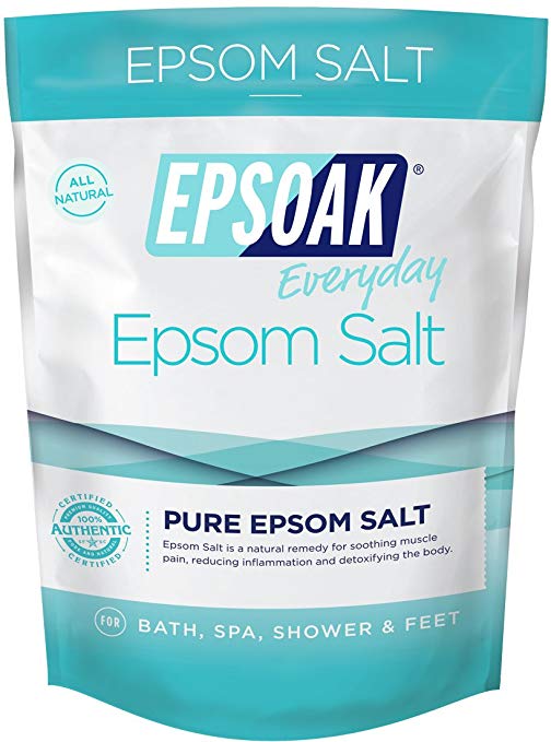 epsoak epsom salt light blue and white bag