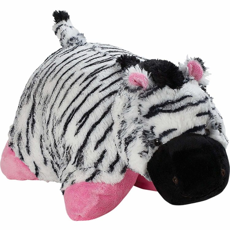 black and white zebra with pink feet stuffed animal pillow