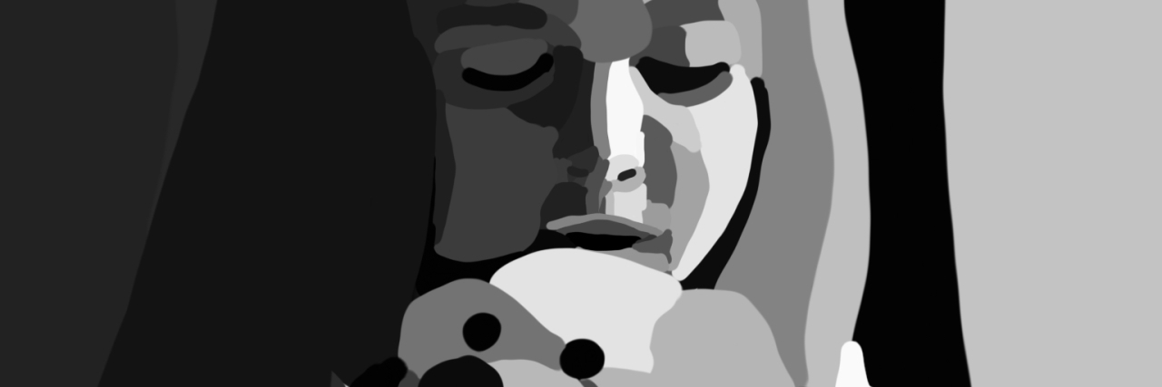 No One Knew the Extent of My Childhood Anxiety illustration of little girl with closed eyes hugging bear close