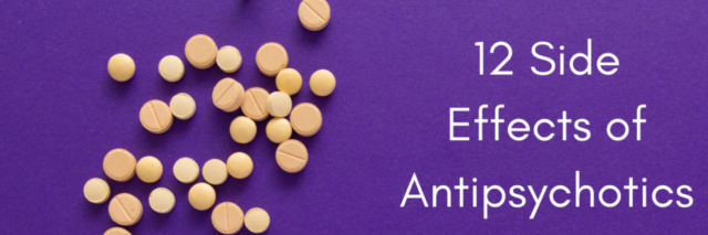A bottle of pills spilling onto a purple background. Text reads: "12 Side Effects of Antipsychotics We Don't Talk About."