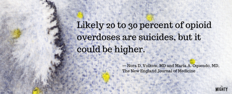 Likely 20 to 30 percent of opioid overdoses are suicides, but it could be higher. — Nora D. Volkow, MD and Maria A. Oquendo, MD, The New England Journal of Medicine