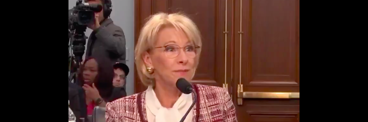Betsy DeVos Defends Proposed Budget Cuts to Disability Programs Betsy Devos screenshot from Rep. Mark Pocan's twitter video
