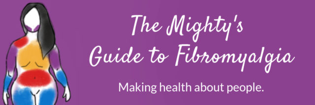 Purple background with an illustration of a woman with different pain points highlighted in different colors. Text reads "The Mighty's Guide to Fibromyalgia, making health about people."