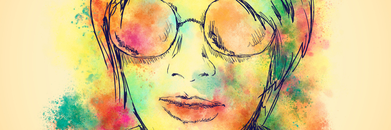 Colorful sketch of a woman with short hair wearing sunglasses