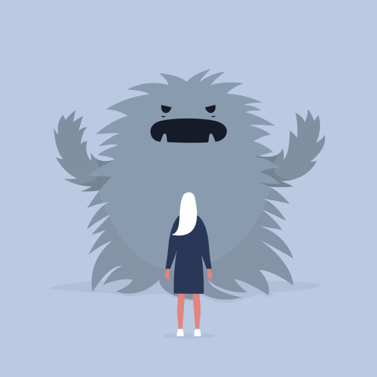 Panic attack. Face the fear. Psychological issues. Phobia, Dealing with the stress. Huge monster trying to scare a character. Flat editable vector illustration, clip art
