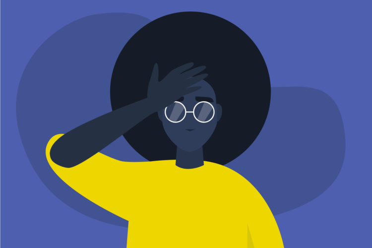 Facepalm gesture. Problem. Trouble. Young black female character with a hand palm on a forehead. Conceptual flat editable vector illustration, clip art