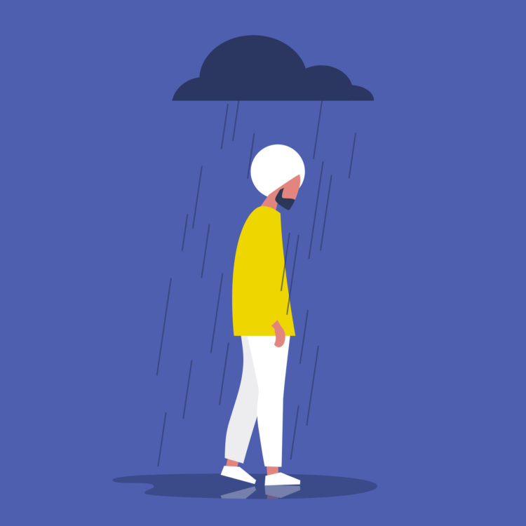 Sad indian character standing under the rain. Overcast weather. Emotions. Solitude concept. Flat editable vector illustration, clip art
