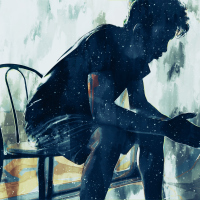 Digital painting of man sitting in chair thinking