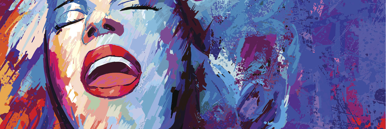 Chronic Illness: Why It's OK to Be 'Selfish' With Your Needs Vibrant abstract painting of a woman singing with her eyes closed, rendered in bold, textured strokes of blue, purple, and warm colors.
