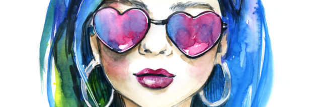 woman illustration with blue hair and heart sunglasses