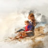 Painting of a mother and daughter sitting on a rock near the sea