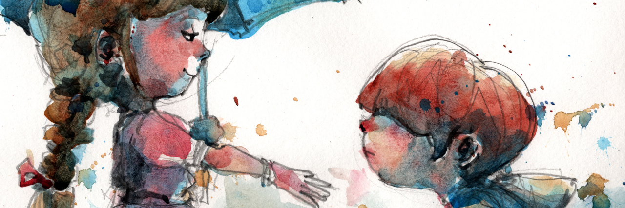 watercolor illustration of girl wants to take the hand of her friend, handmade treditional artwork scaned