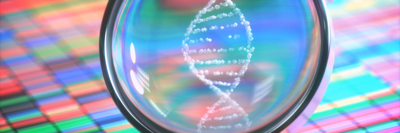 close up of a picture of DNA sequencing and a magnifying glass