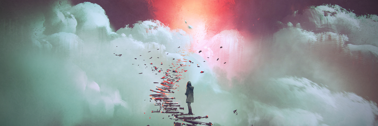 If Scars Could Talk Woman standing on broken stairs in the clouds.