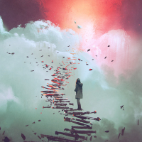 Woman standing on broken stairs in the clouds.