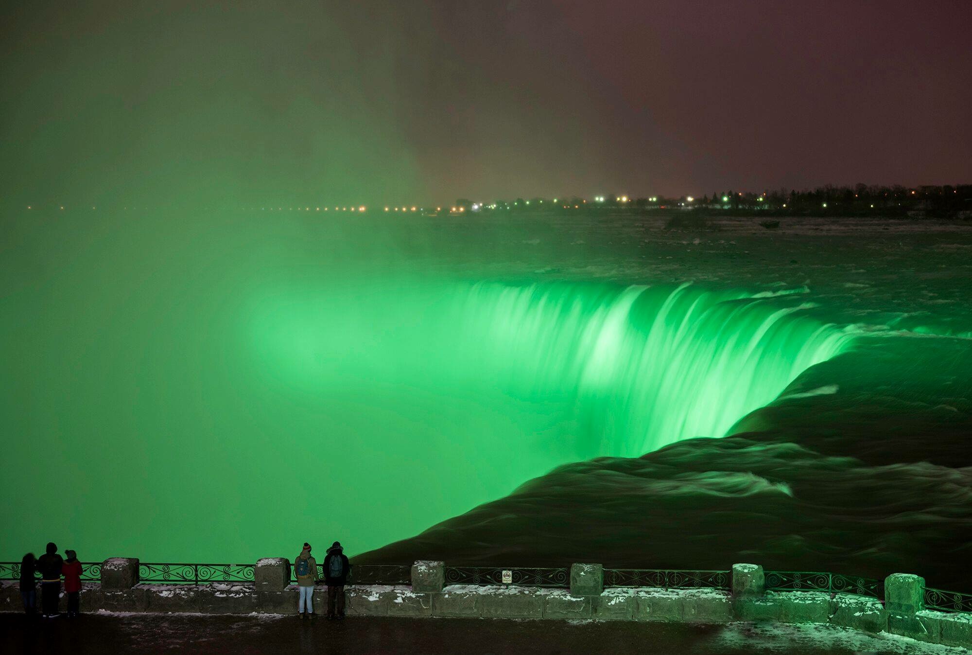 Niagara Falls lit up green for Cerebral Palsy Awareness Day.