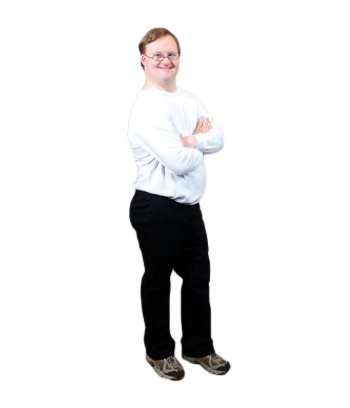 Man with Down syndrome modeling black pants.