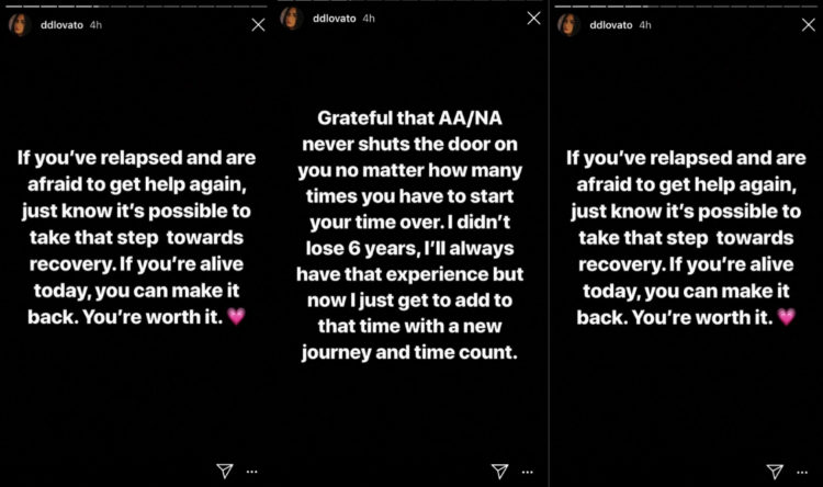 Demi Lovato's Instagram story on addiction recovery