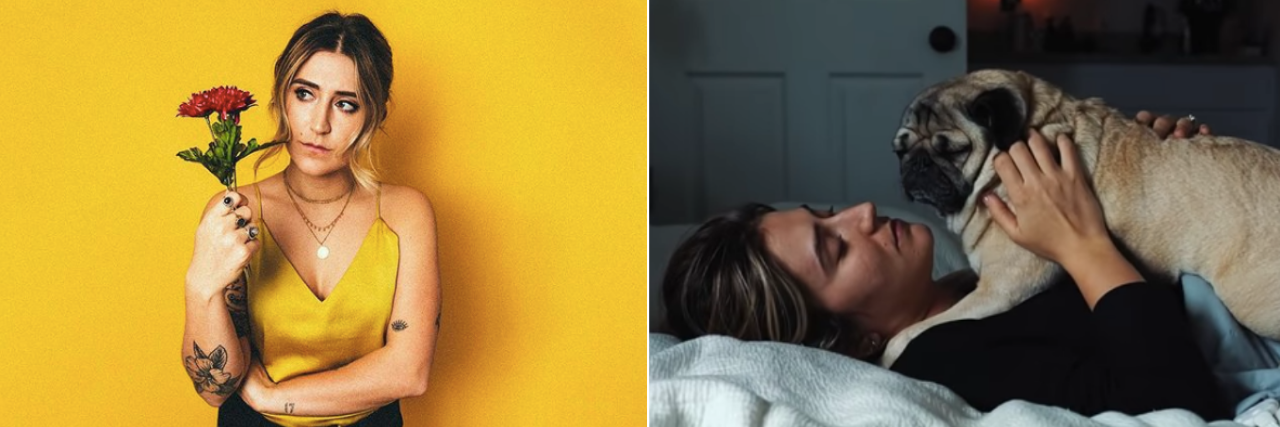 left image: cover of 'get better' single by leslie mosier. right: leslie mosier and doug the pug