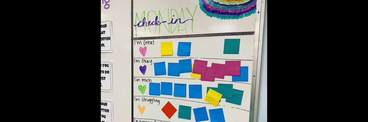 Teacher Shares Creative Way of Checking Her Students' Mental Health Board with sticky notes checking students' status