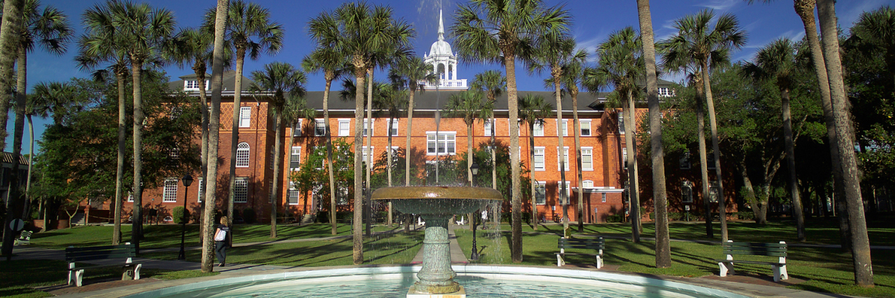 Stetson University campus fountain and buildings.