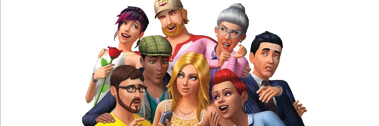 The Sims 4 promo image, game characters of various ages and ethnic backgrounds.
