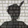 Painted silhouette Peter Pan on white brick wall