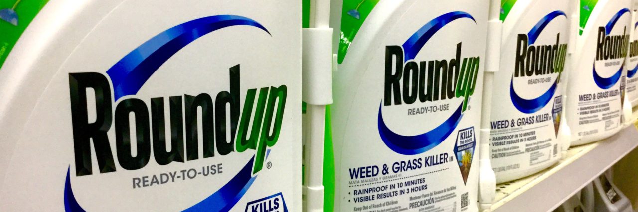 Row of bottles of Roundup weed killer on a store shelf