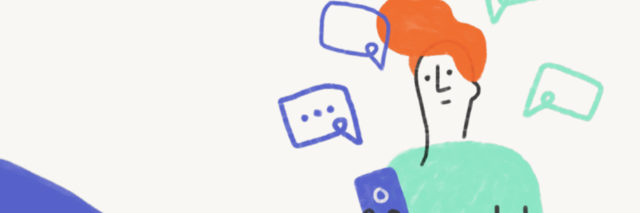 Drawing of a person with orange hair looking at a phone.