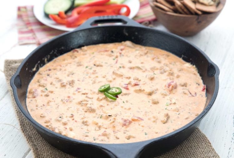 cheddar jalapeno sausage dip in cast iron skillet