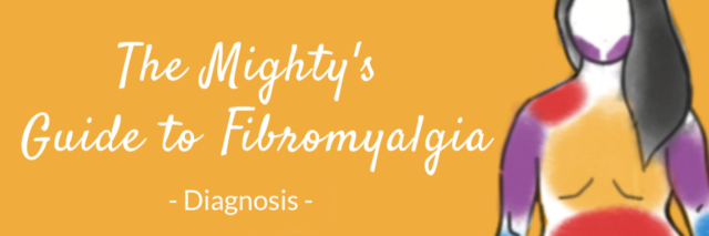 Yellow background with the top half of a woman's body with pain points marked in different colors. The text reads: The Mighty's Guide to Fibromyalgia. Diagnosis.