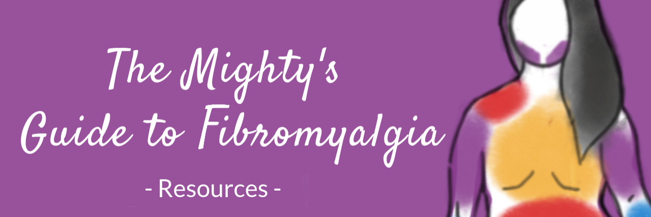 The Mighty's Guide to Fibromyalgia Resources header image with white text on yellow background and upper body of a woman with colors showing widespread pain points