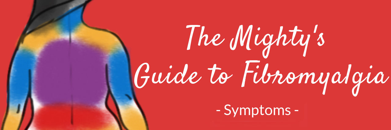 Fibromyalgia Guide: Fibromyalgia Symptoms Red colored background with the image of a woman over it. She is facing away. Different colors represent pain points on her back. The text reads "The Mighty's Guide to Fibromyalgia. Symptoms."