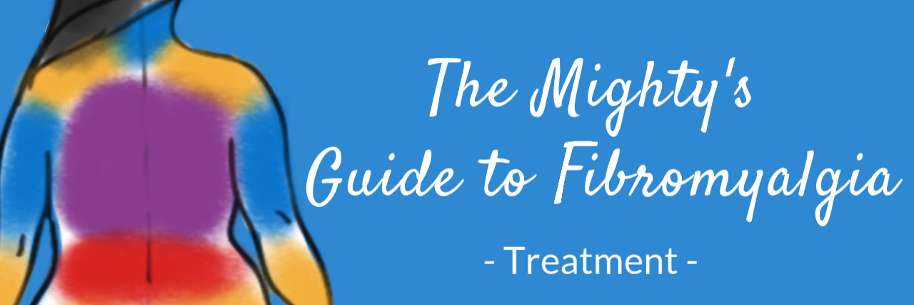 Fibromyalgia Guide: Fibromyalgia Treatment The Mighty's Guide to Fibromyalgia Resources header image with white text on blue background and upper body of a back-facing woman with colors showing widespread pain points