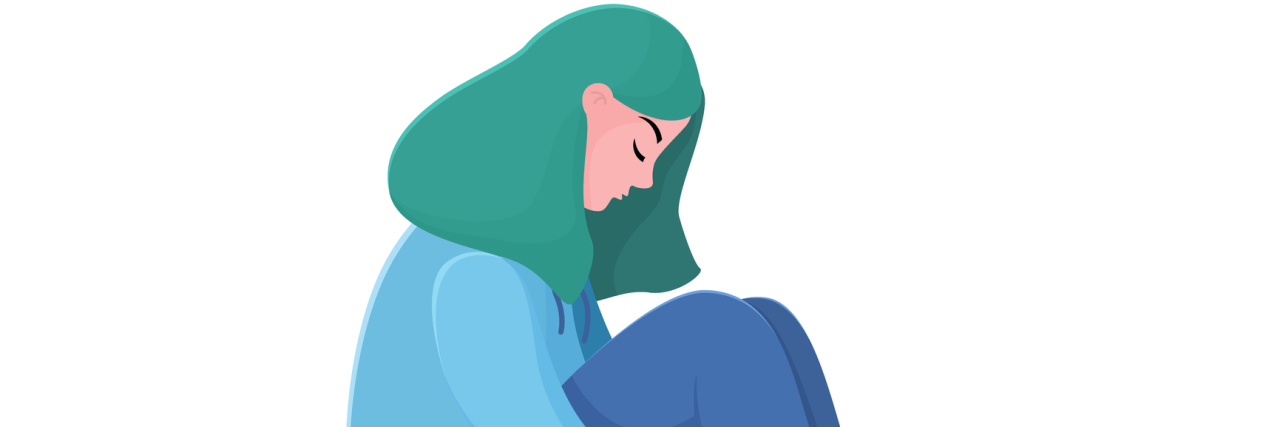 Pointing Out How 'Good I Have It' Does Not Help With My Depression Sad, unhappy teenage girl, young woman sitting under rain, depression concept, flat vector illustration isolated on white background. Depressed, unhappy girl, woman sitting under rain cloud