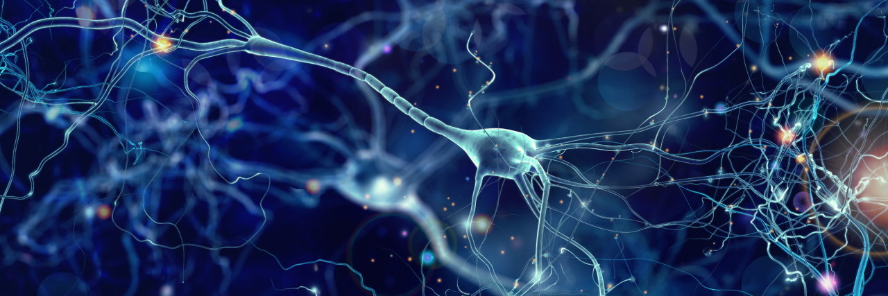 Conceptual illustration of neuron cells with glowing link knots in abstract dark space, high resolution 3D illustration