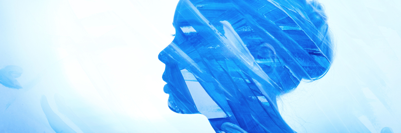 The Emotions I Felt When I Was Diagnosed With Multiple Myeloma Art Portrait woman consisting of brush strokes of blue paint on a white background. Paint on girl face, fashion beauty and makeup. Double exposure, no focus. The mysterious portrait streaks blue paint