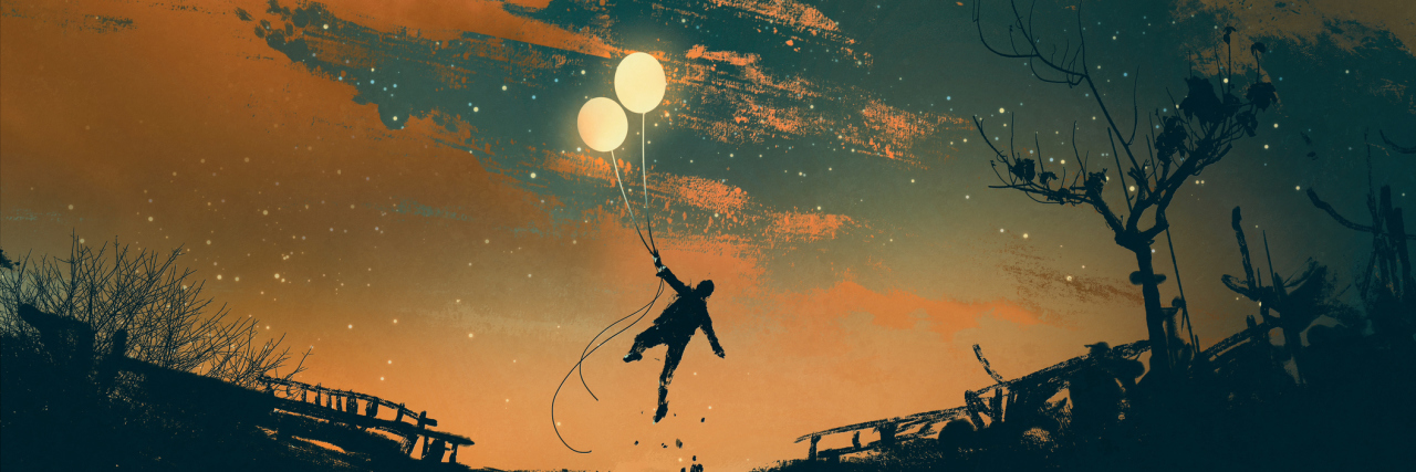 illustration of a man holding two balloons and floating over the ground at sunset