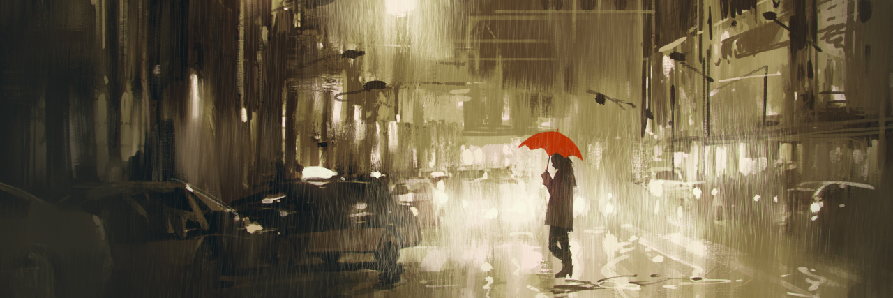 Drawing of woman with red umbrella crossing the street on a rainy night.