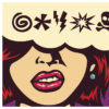 Pop art style comics panel angry woman grinding teeth with speech bubble and swear words symbols