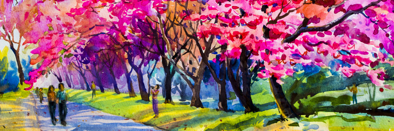 How the Stranger Who Asked, 'Are You Anorexic?' Changed My Life Watercolor painting original pink colorl flowers of Wild himalayan cherry and the tourist in winter season, sky cloud background.