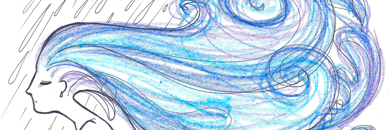 Being Bullied Because of My Disability, Kyphosis Drawing of girl with long rainy hair.