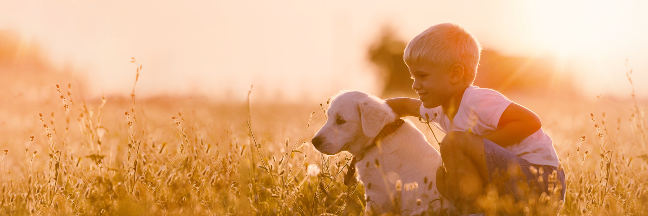 Boy with golden retriever puppy.