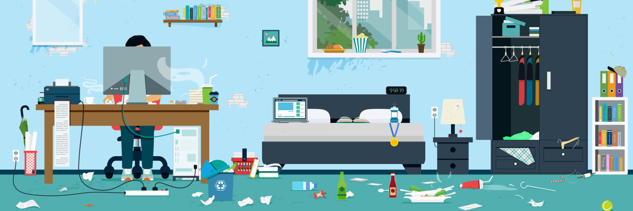 Struggling to Clean and Organize as Someone on the Autism Spectrum Cartoon of messy apartment.