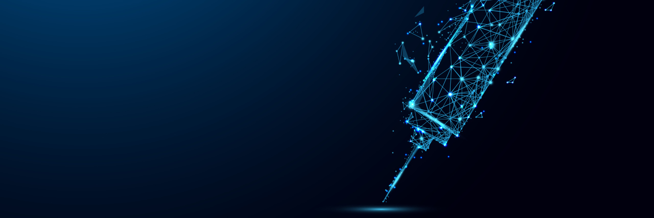 KHN: Hospital Stem Cell Treatment Claims Unproven Say Experts Abstract Syringe closeup form lines and triangles, point connecting network on blue background. Illustration vector