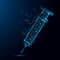 Abstract Syringe closeup form lines and triangles, point connecting network on blue background. Illustration vector
