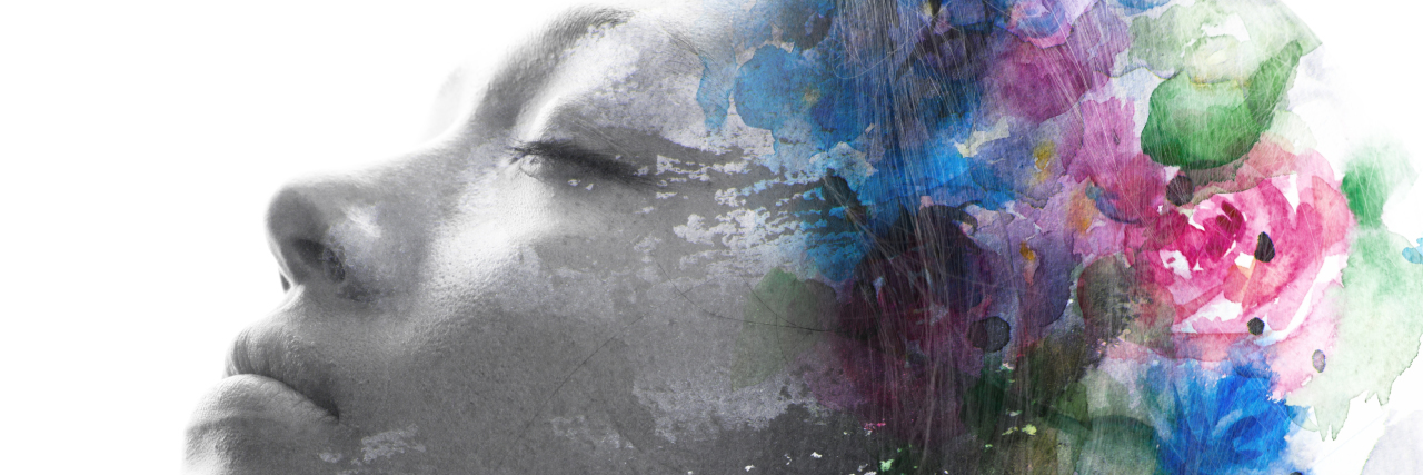 Accepting Scars After Open-Heart Surgery Double exposure black and white profile portrait of a young woman combined with hand drawn ink and watercolor painting with floral motifs.