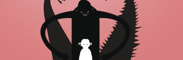 An illustration of a child, with a dark monster looming over them