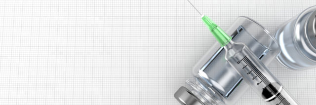 Syringe with medical supplies on blank sheet of paper. 3d illustration