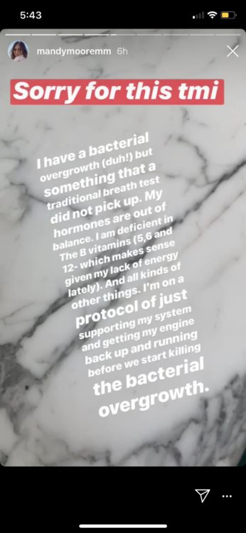 mandy moore's instagram about having a bacterial overgrowth